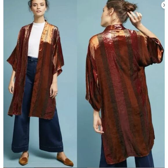 Anthropologie ett:twa Longline Velvet Kimono Brown Copper size M/L Witchy Boho - Picture 1 of 7